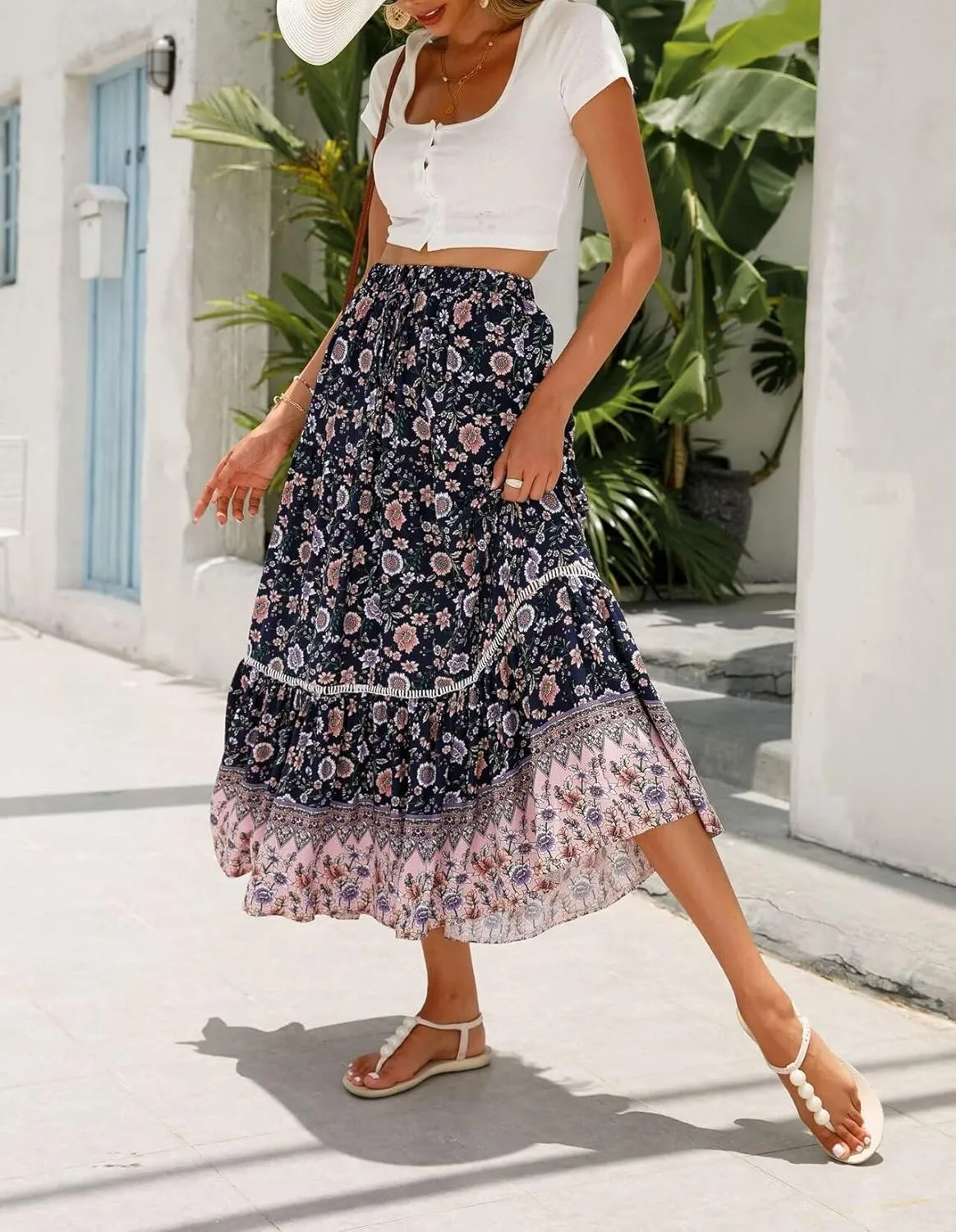 Women's 2025 Spring Summer Boho Floral Elastic Waist Flowy Swing Pleated A Line Long Maxi Beach Skirt
