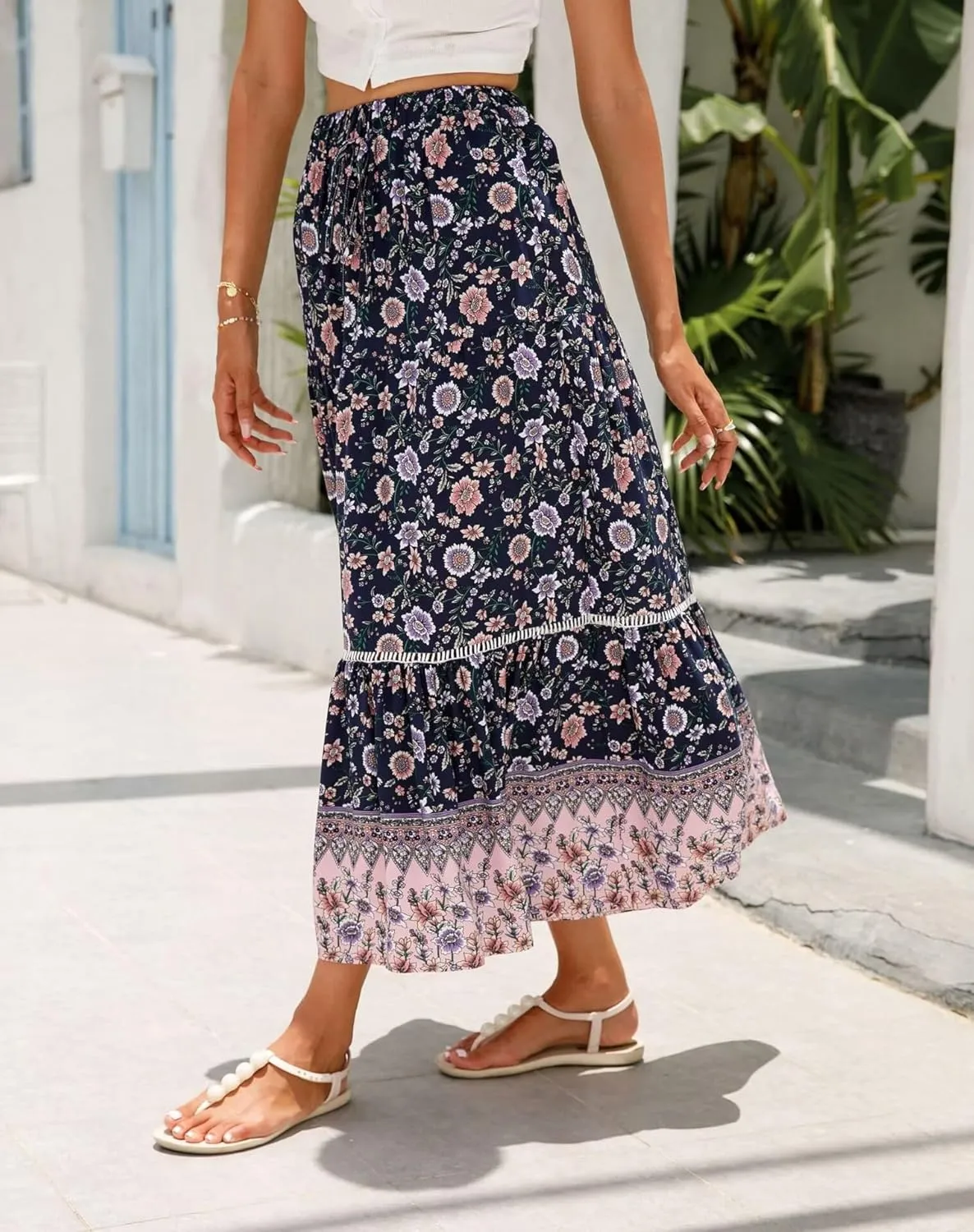 Women's 2025 Spring Summer Boho Floral Elastic Waist Flowy Swing Pleated A Line Long Maxi Beach Skirt