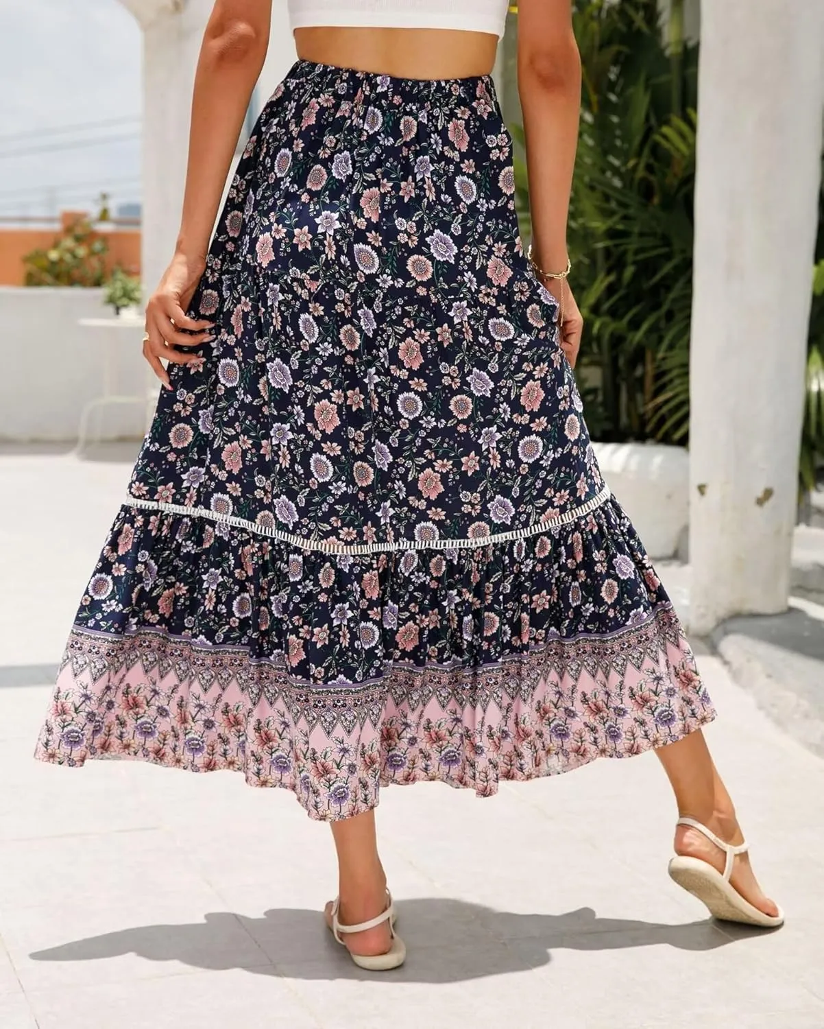Women's 2025 Spring Summer Boho Floral Elastic Waist Flowy Swing Pleated A Line Long Maxi Beach Skirt