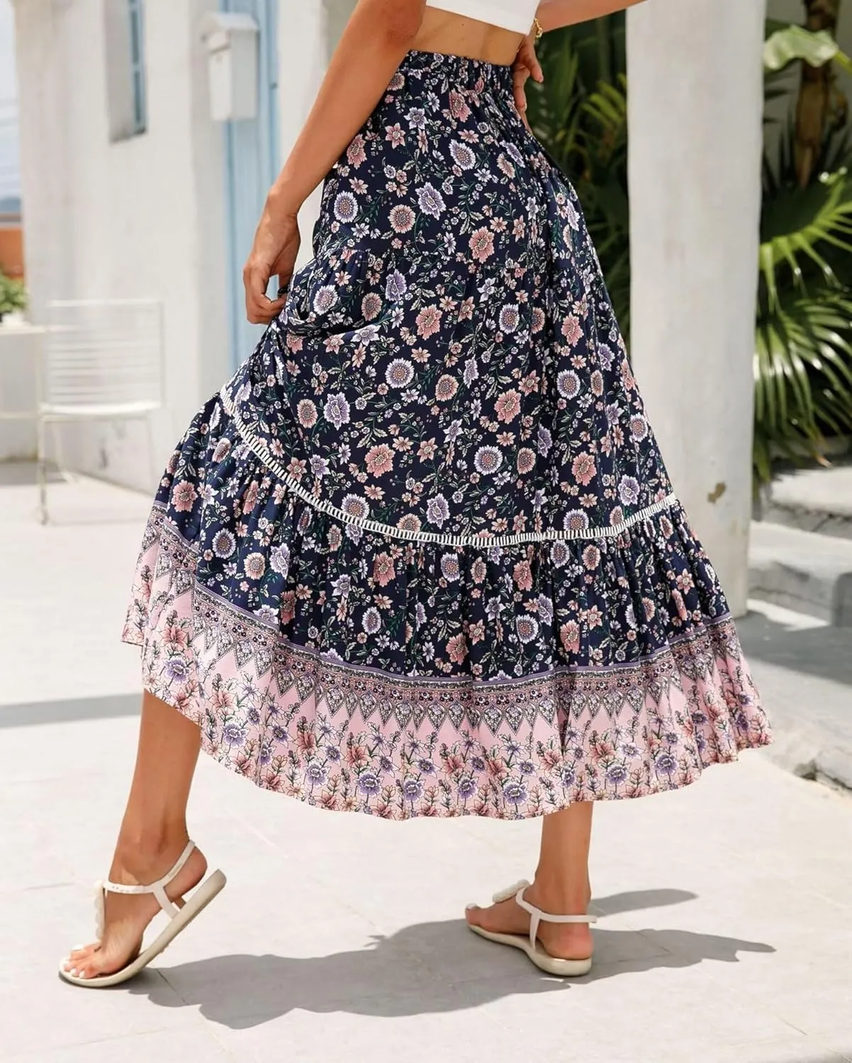 Women's 2025 Spring Summer Boho Floral Elastic Waist Flowy Swing Pleated A Line Long Maxi Beach Skirt