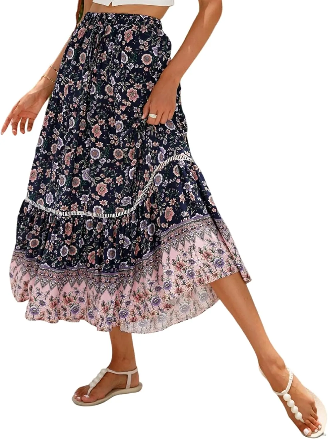 Women's 2025 Spring Summer Boho Floral Elastic Waist Flowy Swing Pleated A Line Long Maxi Beach Skirt
