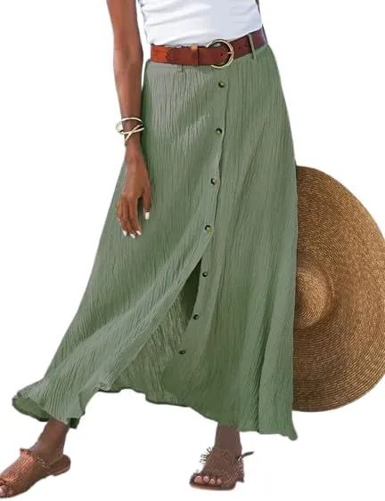 Womens Button Front Maxi Skirt Mid Waist Boho A-Line Summer Cotton Pleated Slit Flowy Swing Long Skirt