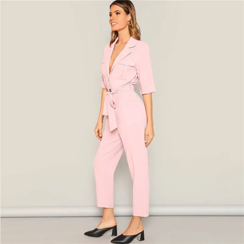 Women's Buttoned Mid Waist Jumpsuit With Belt