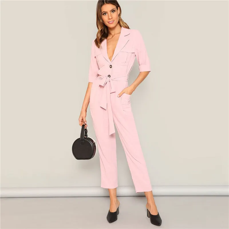 Women's Buttoned Mid Waist Jumpsuit With Belt