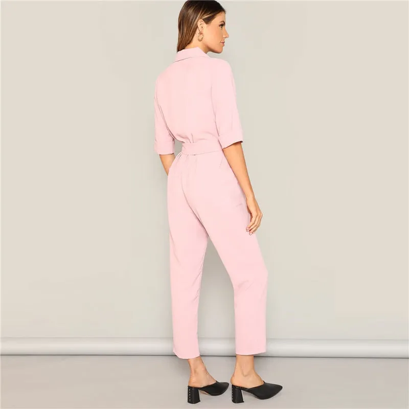 Women's Buttoned Mid Waist Jumpsuit With Belt