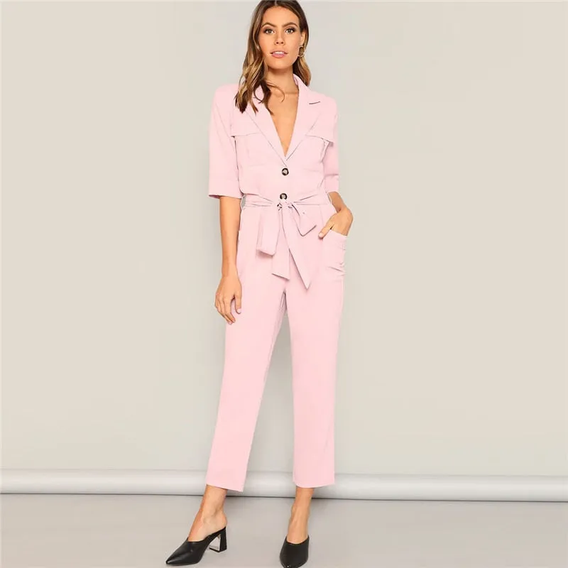 Women's Buttoned Mid Waist Jumpsuit With Belt