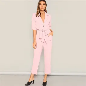 Women's Buttoned Mid Waist Jumpsuit With Belt