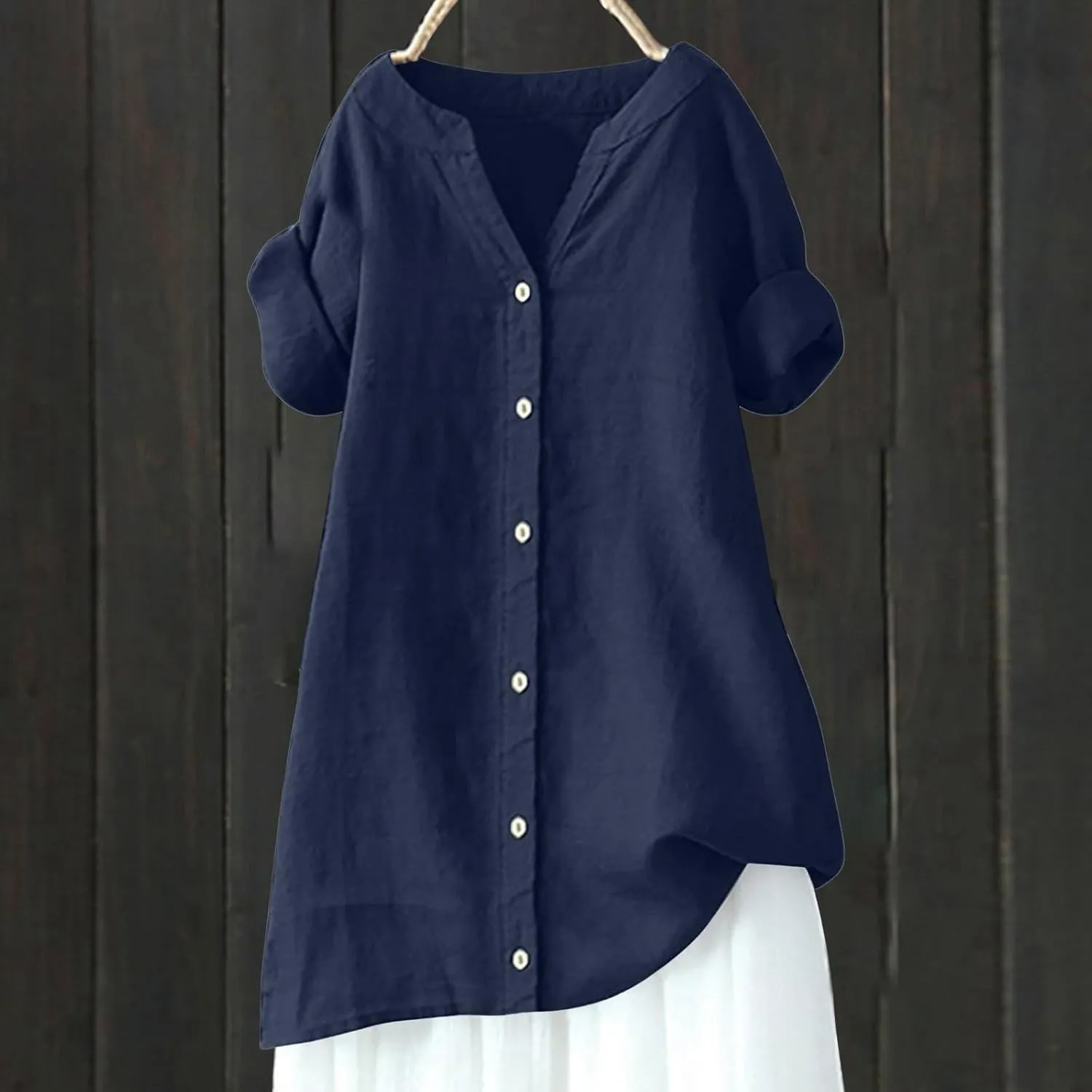 Women's Buttons Shirt Linen Long/Roll Up Sleeve V-Neck Soft Shirt Casual Loose Fit Office Blouses Tunic Tops