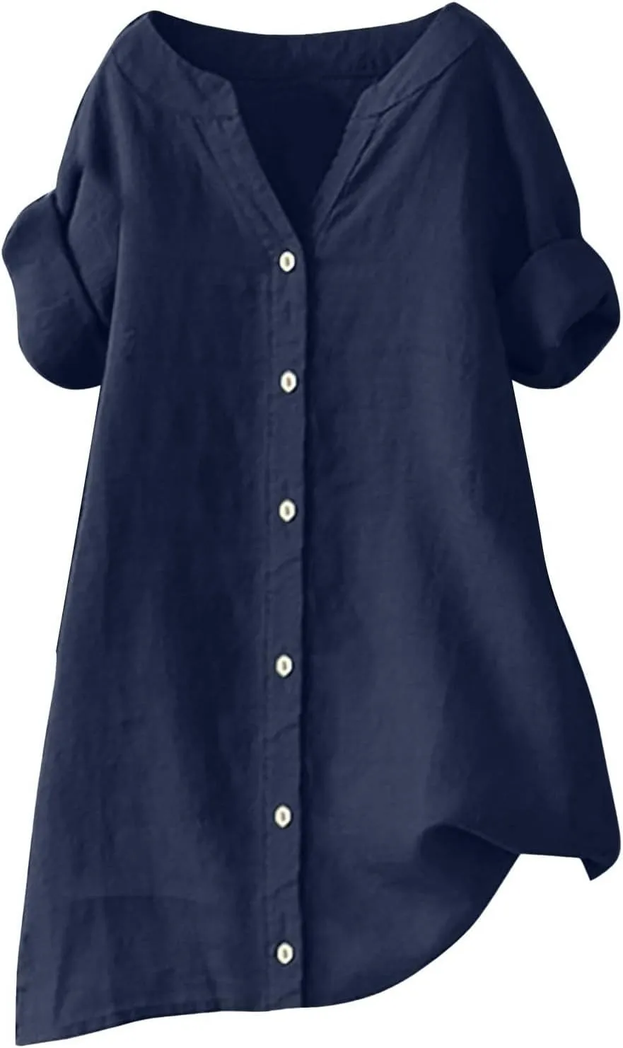 Women's Buttons Shirt Linen Long/Roll Up Sleeve V-Neck Soft Shirt Casual Loose Fit Office Blouses Tunic Tops