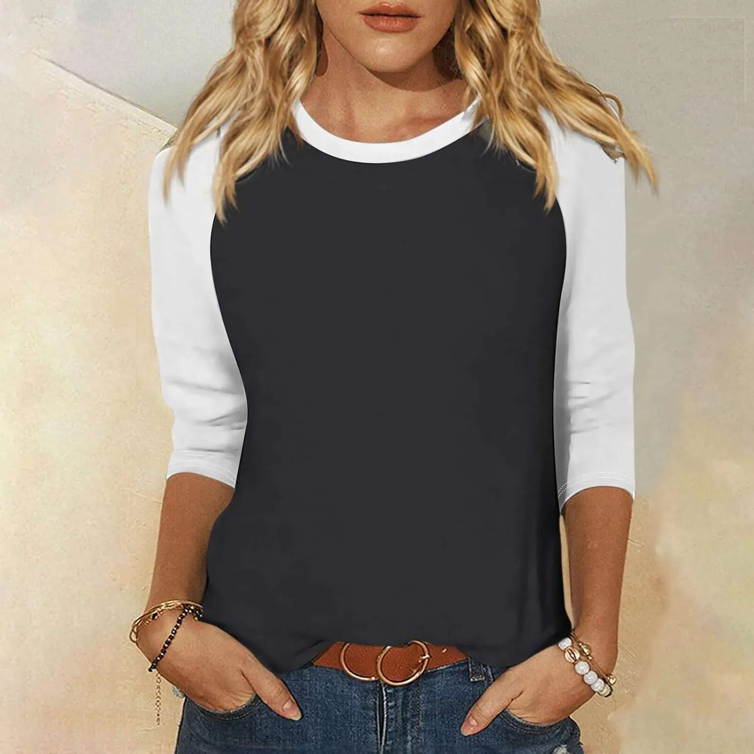 Womens Color Block Tee Crewneck 3/4 Sleeve Summer Top Pullover Lightweight Stretch Soft T Shirts 2025 Trendy Outfits