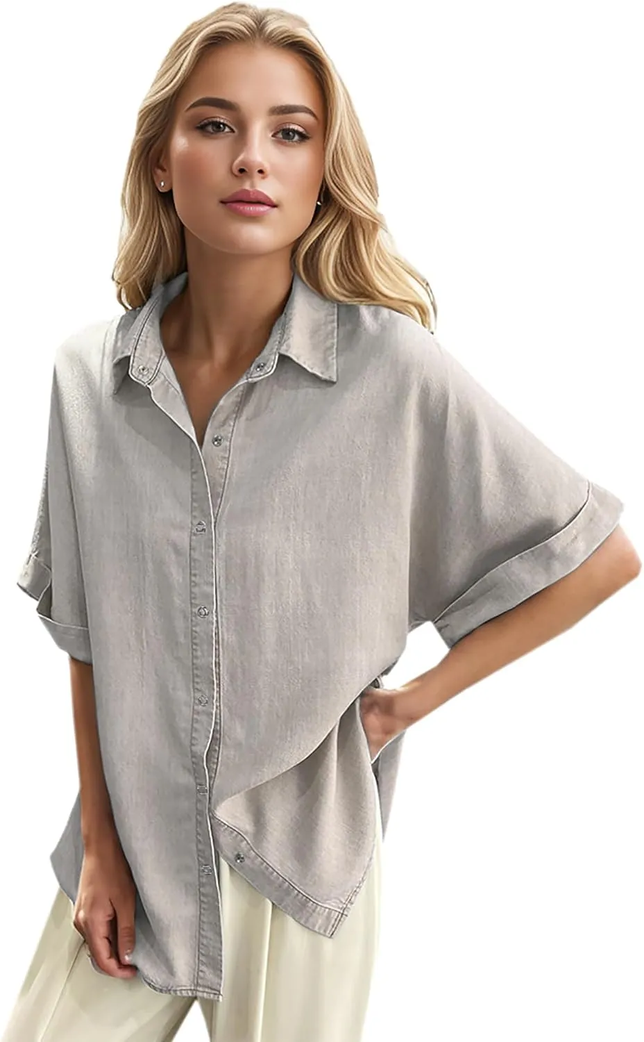 Womens Convenient Snap Casual & Soft Short Sleeve Shirts Blouse, US Small - US 2X-Large
