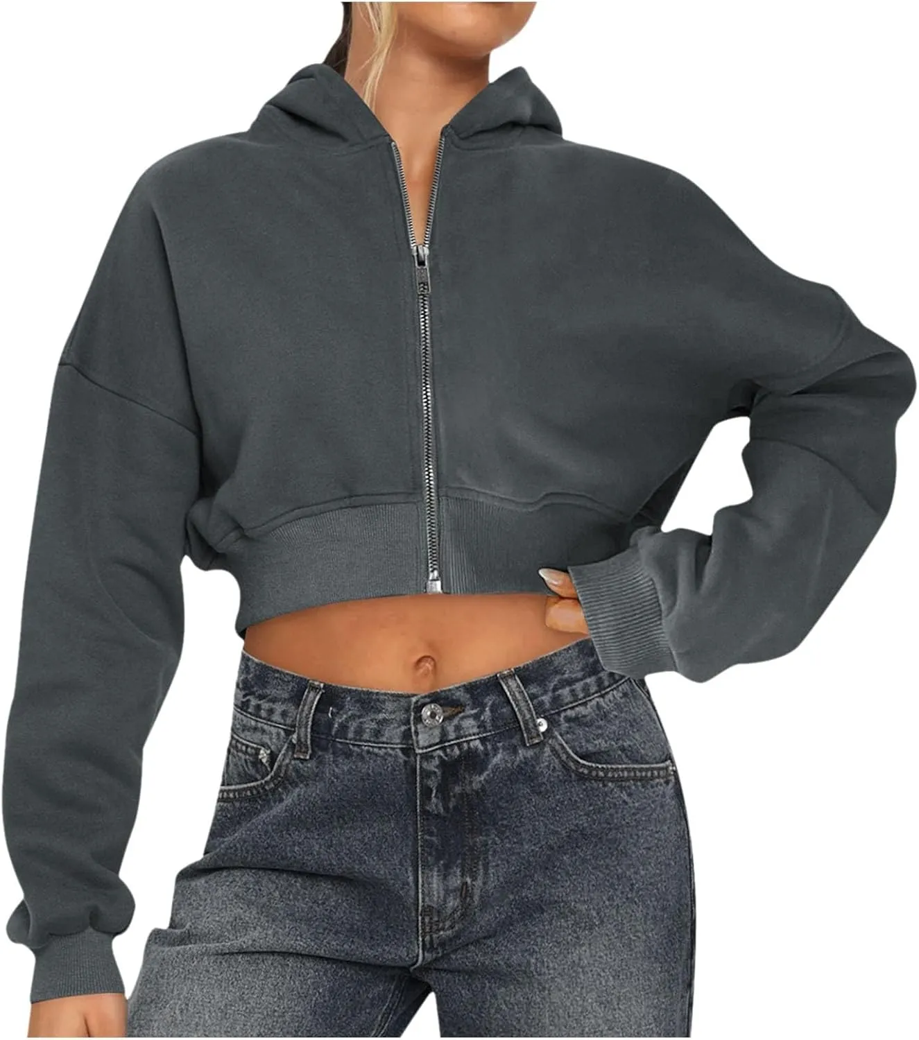 Women's Cropped Zip Up Hoodie Casual Long Sleeve Workout Hooded Sweatshirts Fleece Lined Jacket Coat with Pocket