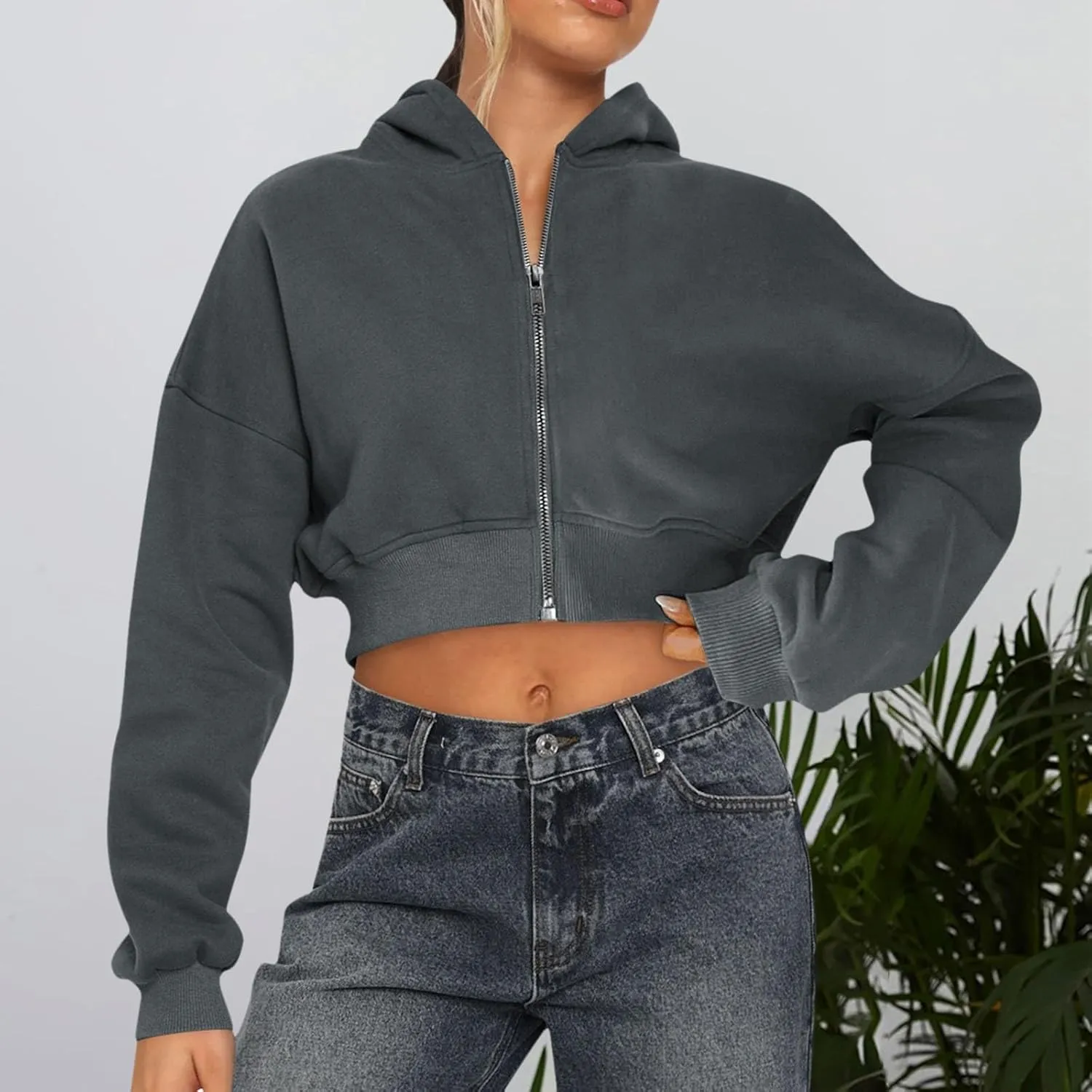 Women's Cropped Zip Up Hoodie Casual Long Sleeve Workout Hooded Sweatshirts Fleece Lined Jacket Coat with Pocket