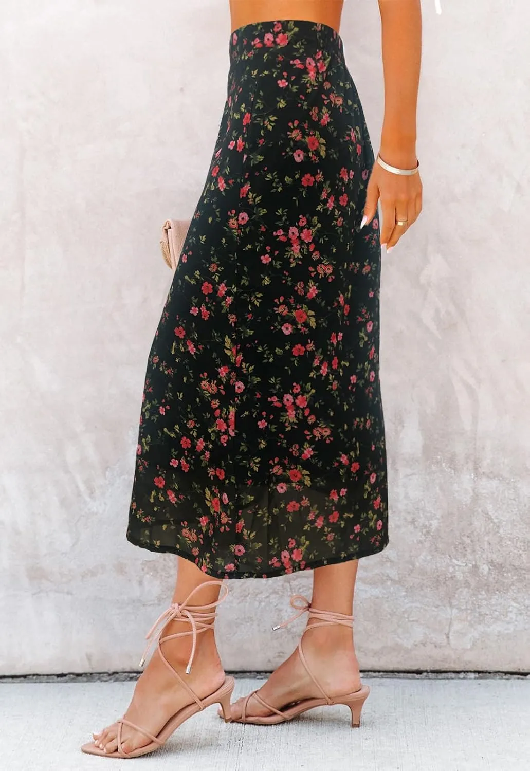 Women’s Floral Print Midi Skirt Casual High Elastic Waist Zipper Vintage Long Boho Skirts for Women