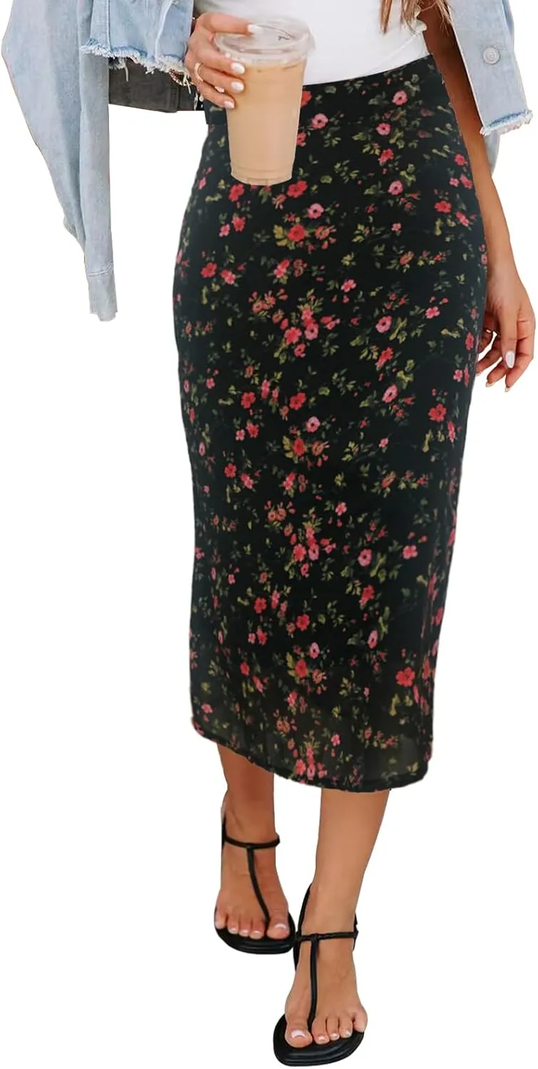 Women’s Floral Print Midi Skirt Casual High Elastic Waist Zipper Vintage Long Boho Skirts for Women