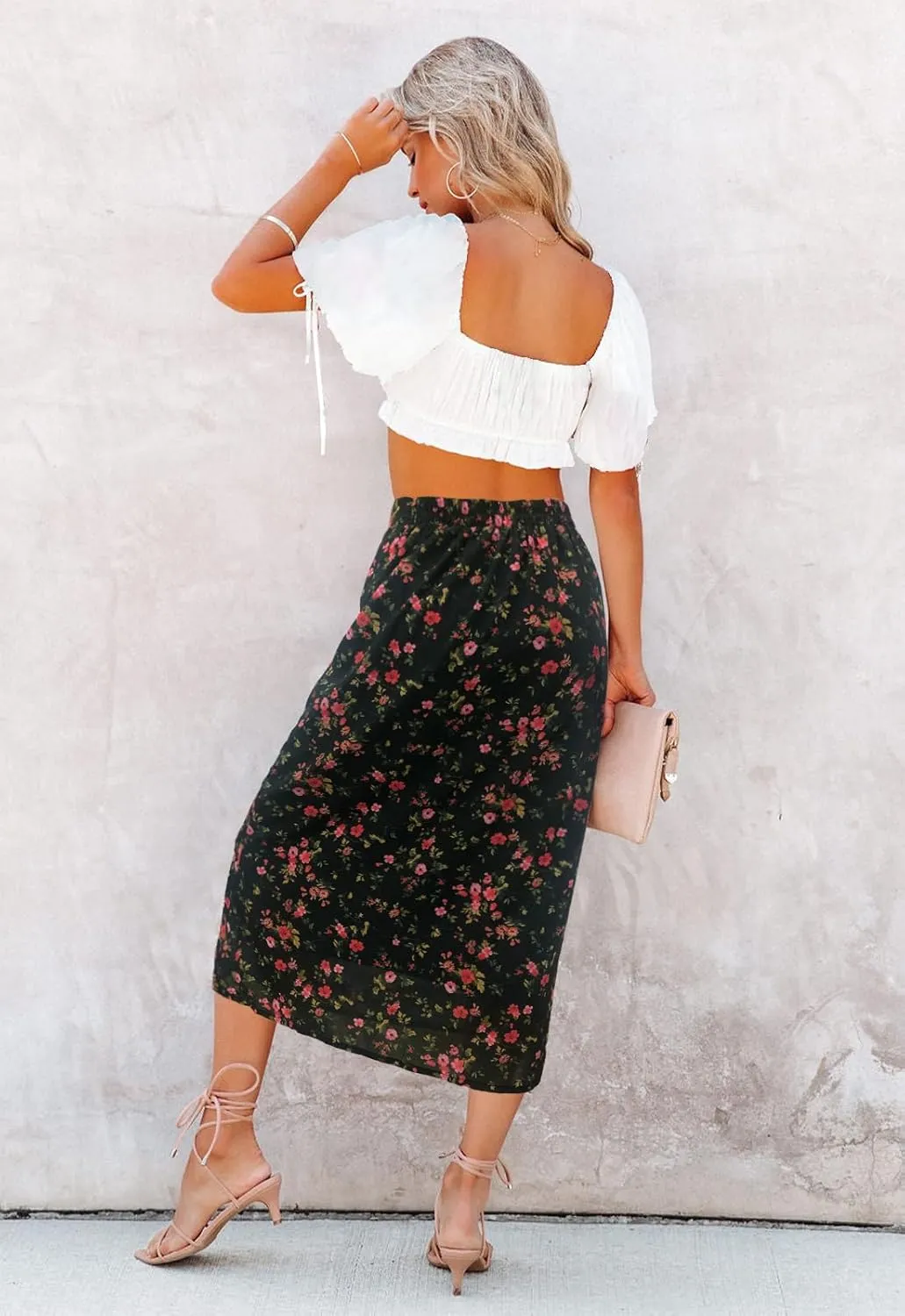 Women’s Floral Print Midi Skirt Casual High Elastic Waist Zipper Vintage Long Boho Skirts for Women