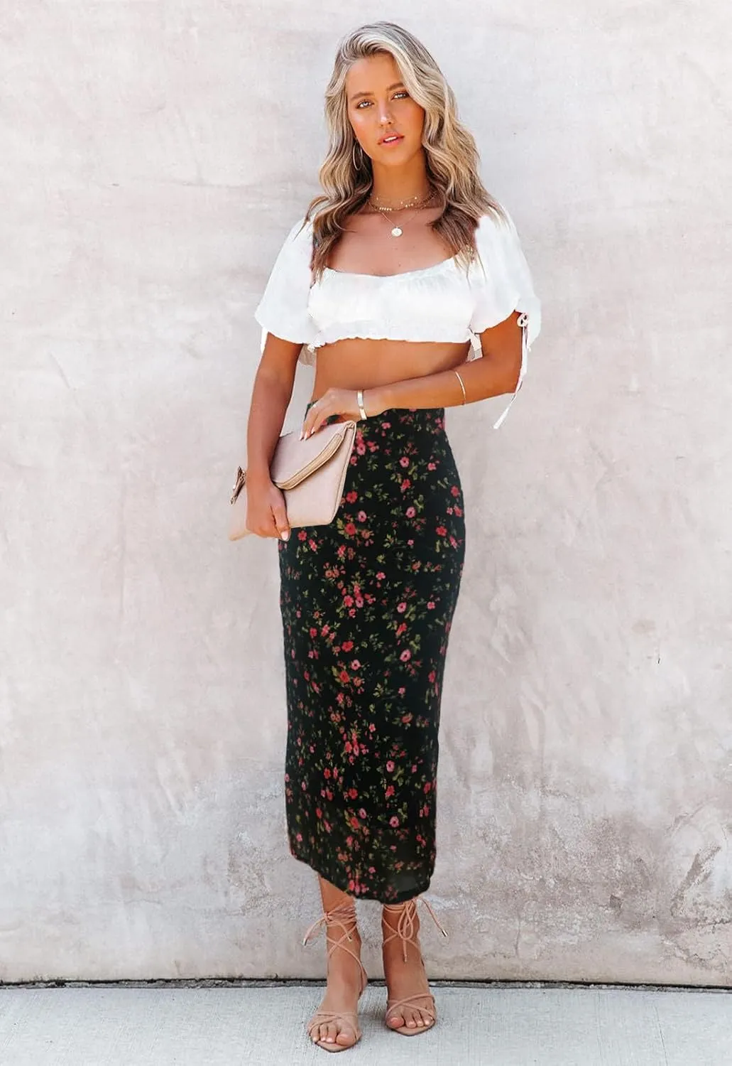 Women’s Floral Print Midi Skirt Casual High Elastic Waist Zipper Vintage Long Boho Skirts for Women