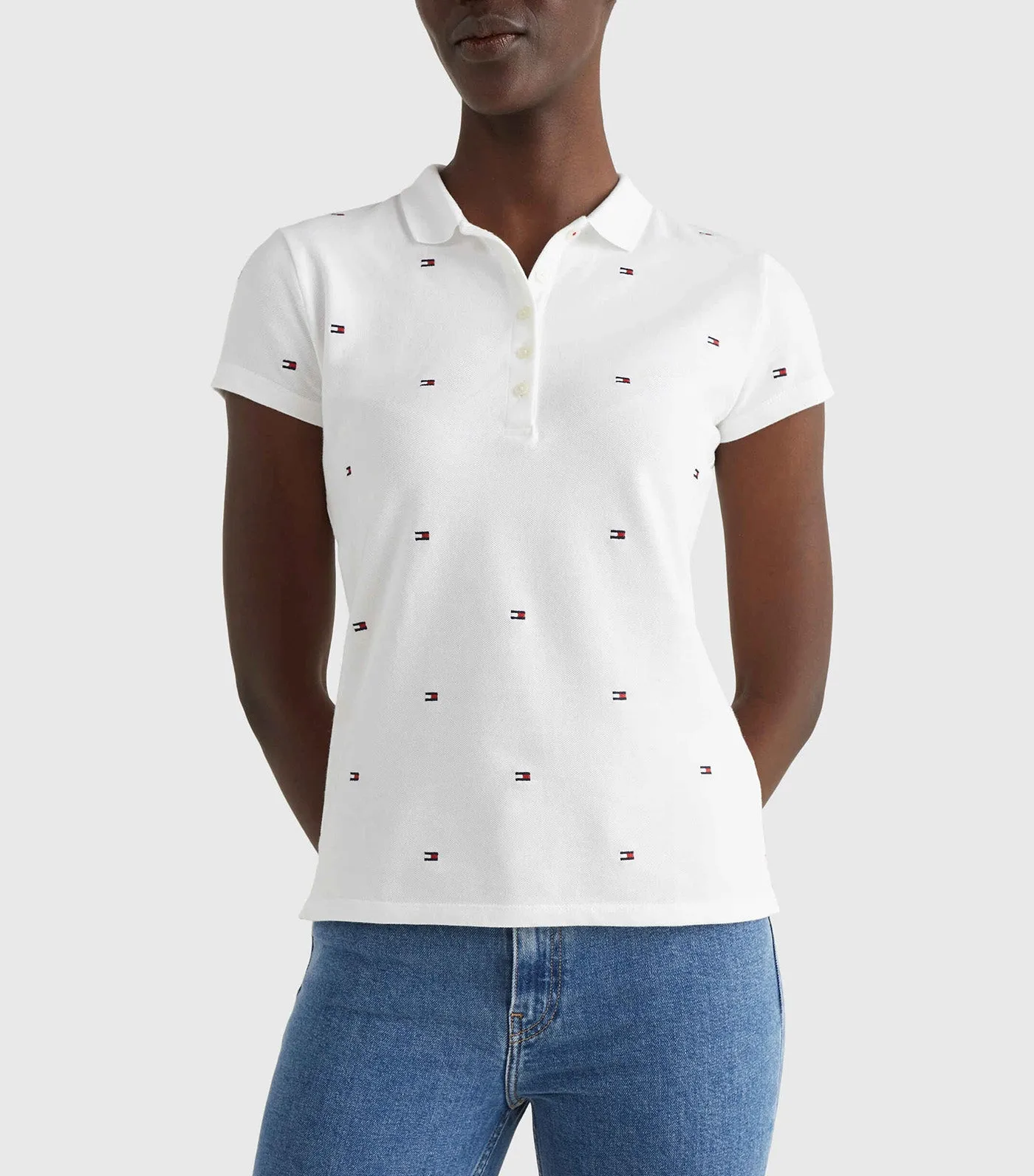 Women's IM Felicia Slim Embroidered Polo Shirt Mini Flag All Over Embr / White