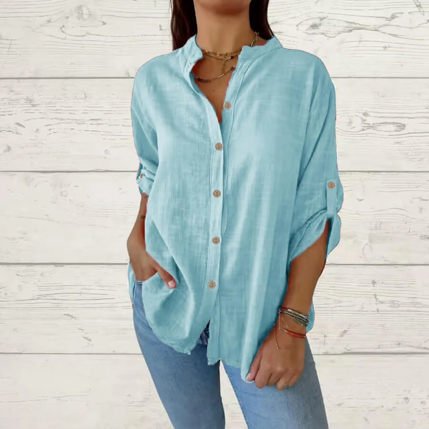 Womens Linen Button Down Shirt Casual Long Sleeve Cotton Blouse Loose Fit Collared Work Tops