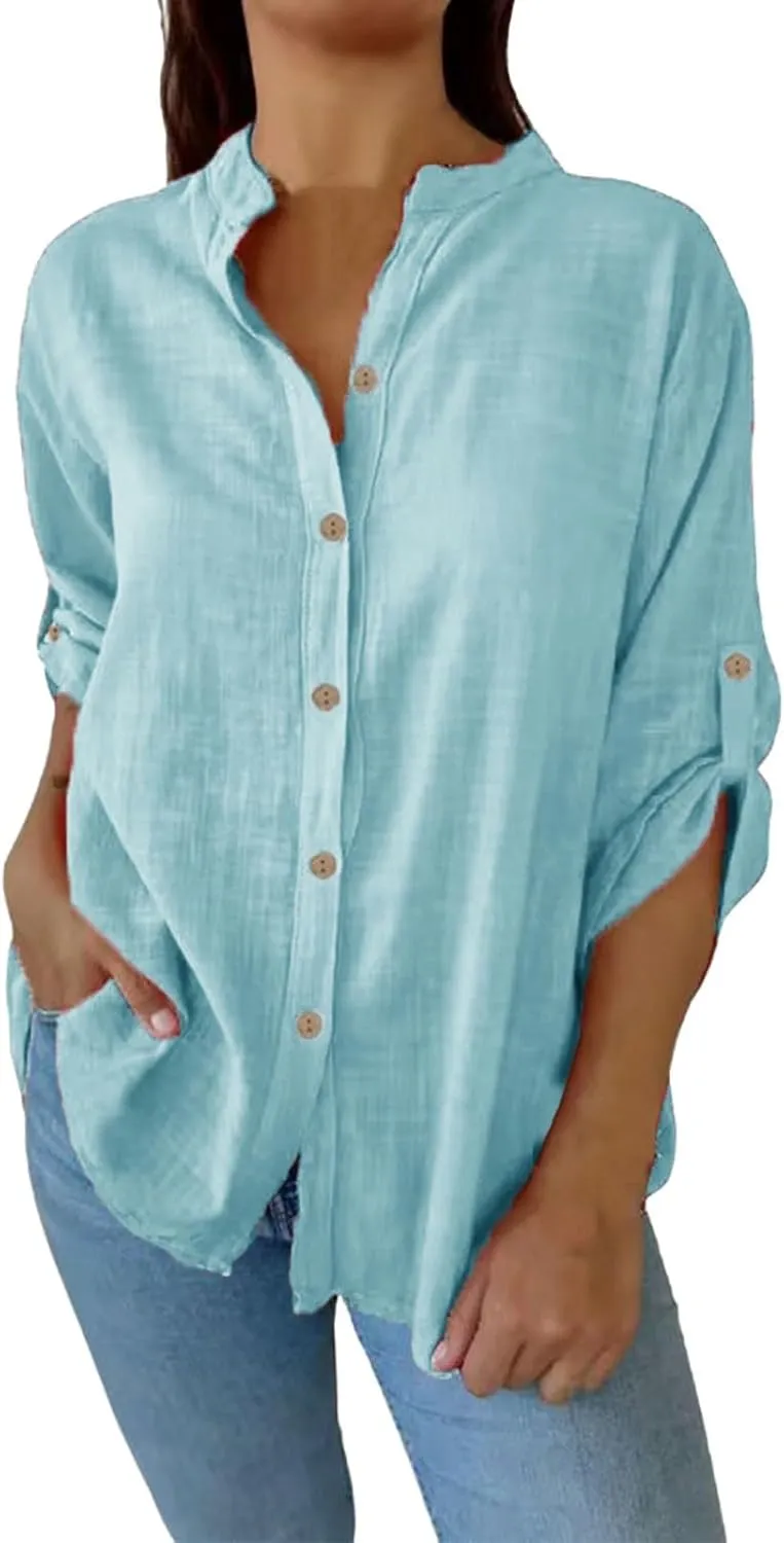 Womens Linen Button Down Shirt Casual Long Sleeve Cotton Blouse Loose Fit Collared Work Tops