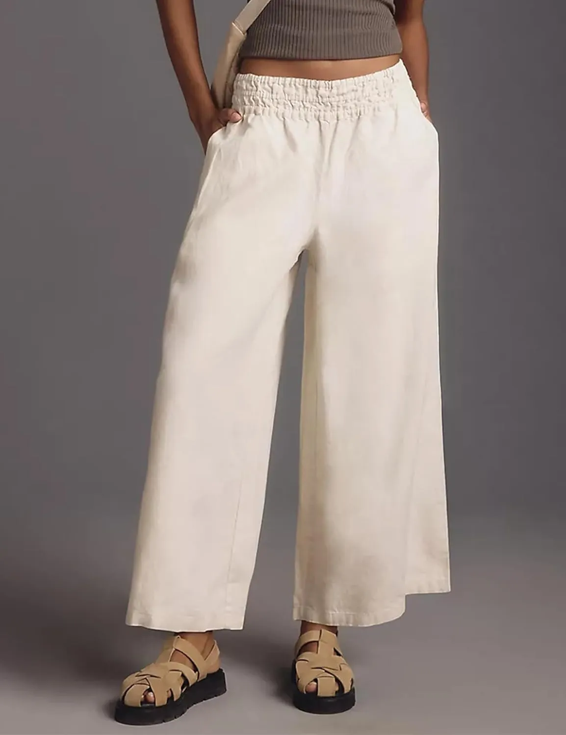 Women's Linen Pants Summer Casual Wide Leg Palazzo Pants High Waist Beach Travel Trousers