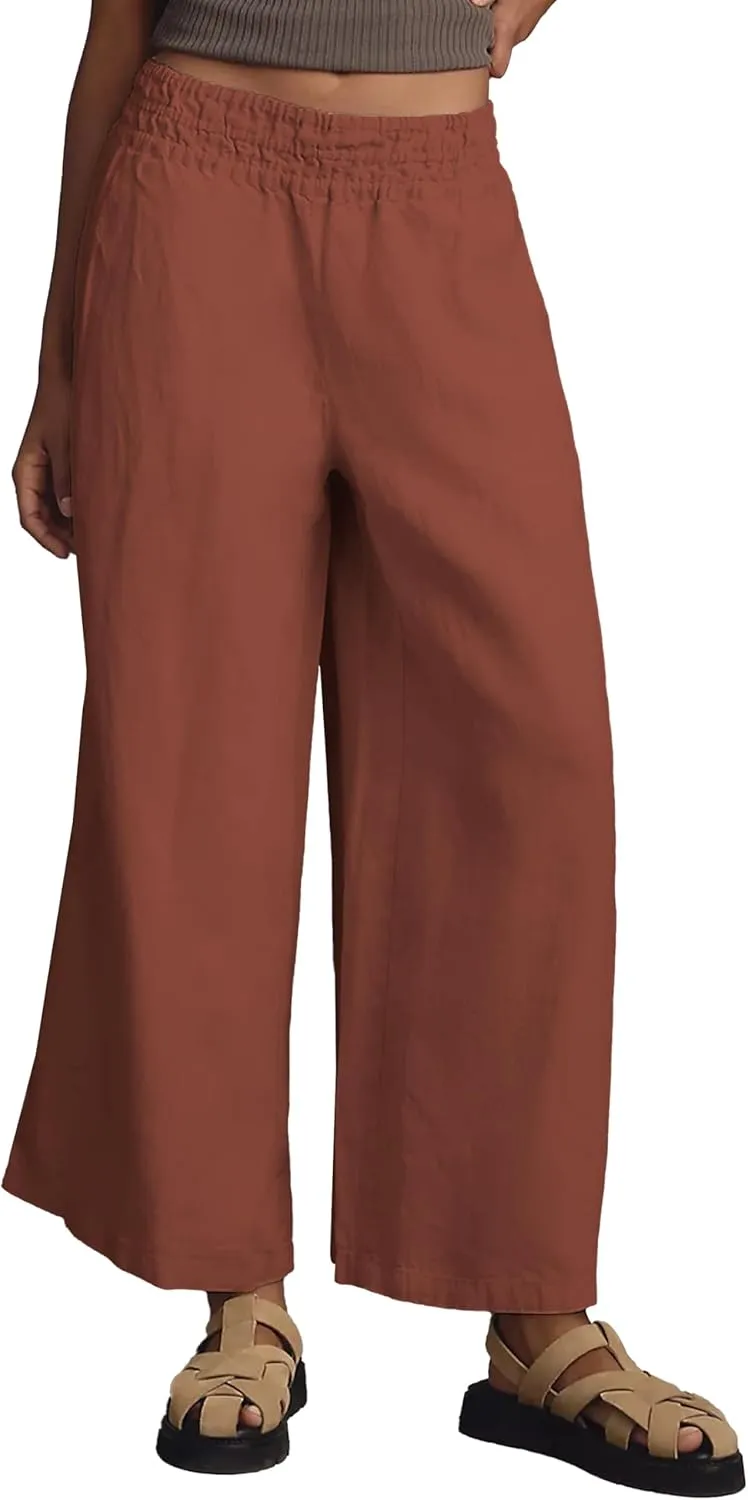 Women's Linen Pants Summer Casual Wide Leg Palazzo Pants High Waist Beach Travel Trousers