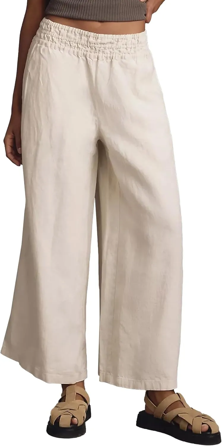 Women's Linen Pants Summer Casual Wide Leg Palazzo Pants High Waist Beach Travel Trousers
