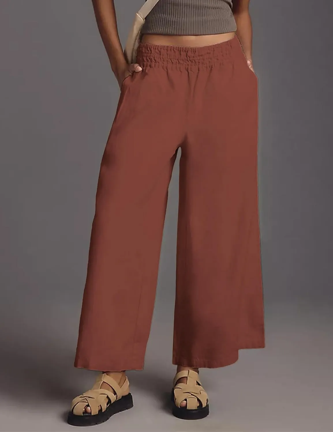 Women's Linen Pants Summer Casual Wide Leg Palazzo Pants High Waist Beach Travel Trousers