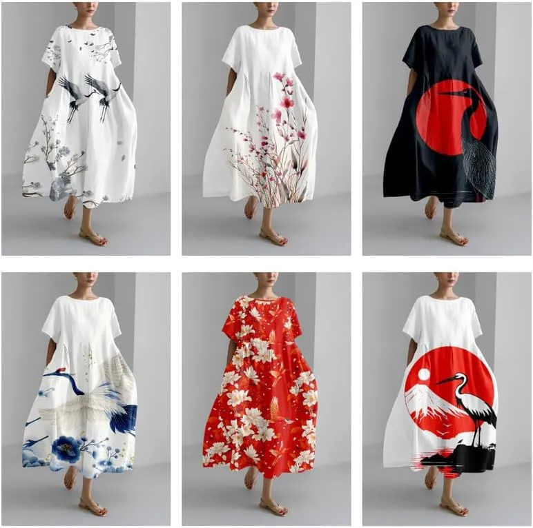 Women's Maxi Dress Casual Trendy Short Sleeve Crew Neck Japanese Art Plus Size T Shirts Dress