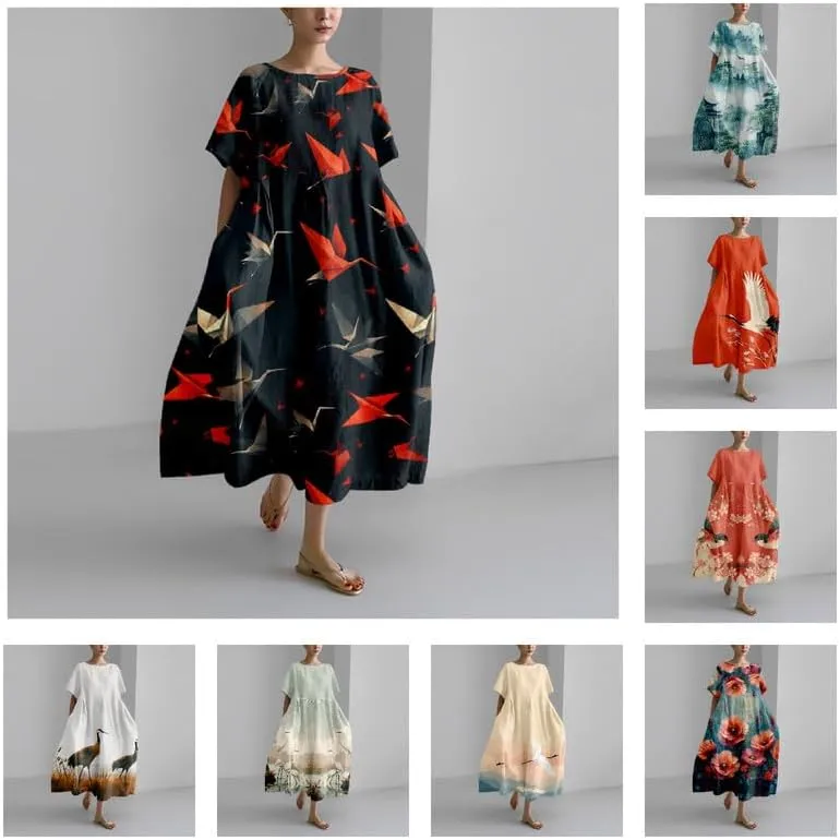 Women's Maxi Dress Casual Trendy Short Sleeve Crew Neck Japanese Art Plus Size T Shirts Dress