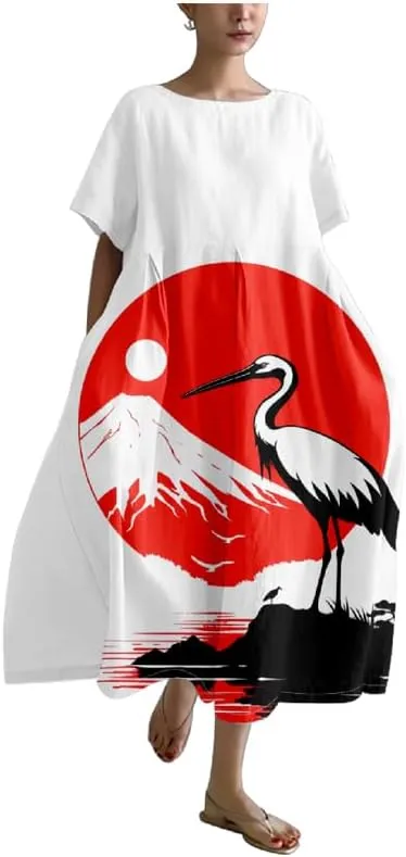 Women's Maxi Dress Casual Trendy Short Sleeve Crew Neck Japanese Art Plus Size T Shirts Dress