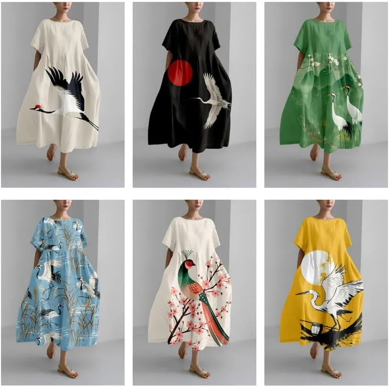 Women's Maxi Dress Casual Trendy Short Sleeve Crew Neck Japanese Art Plus Size T Shirts Dress
