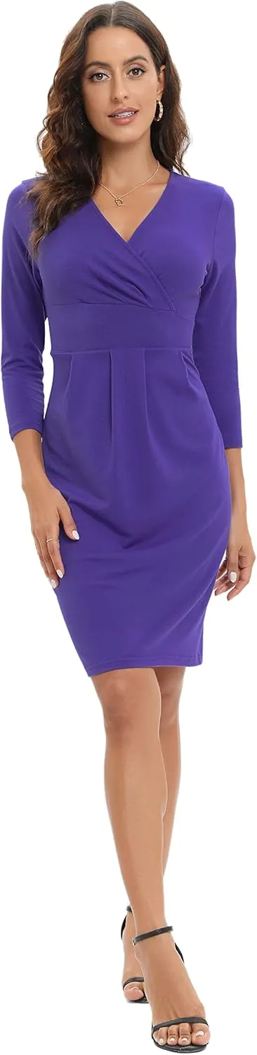 Women's Wrap Dress V Neck 3/4 Sleeve Bodycon Dress Work Wedding Guest Cocktail Dresses Summer 2025