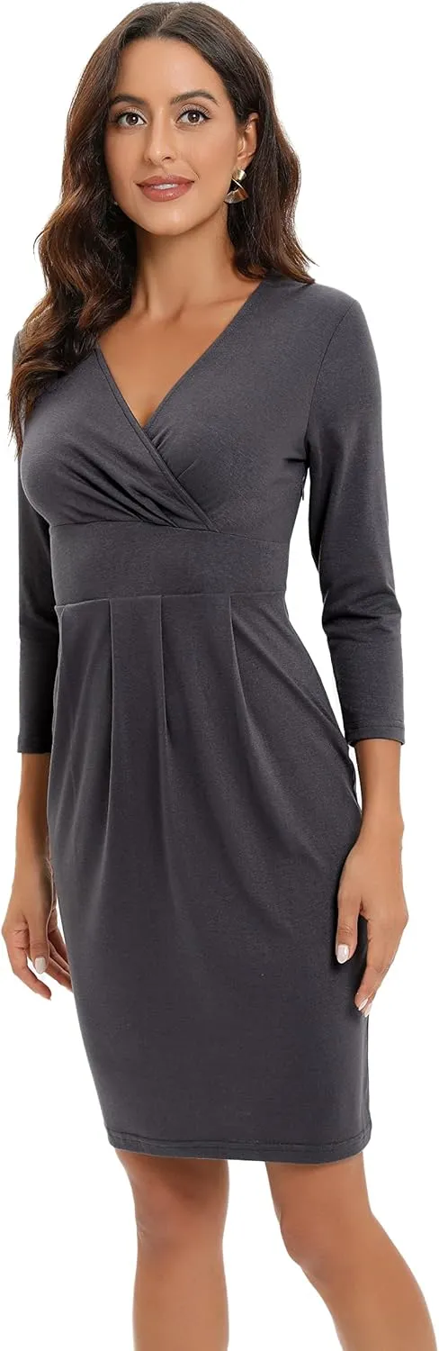 Women's Wrap Dress V Neck 3/4 Sleeve Bodycon Dress Work Wedding Guest Cocktail Dresses Summer 2025
