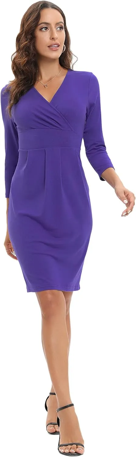 Women's Wrap Dress V Neck 3/4 Sleeve Bodycon Dress Work Wedding Guest Cocktail Dresses Summer 2025