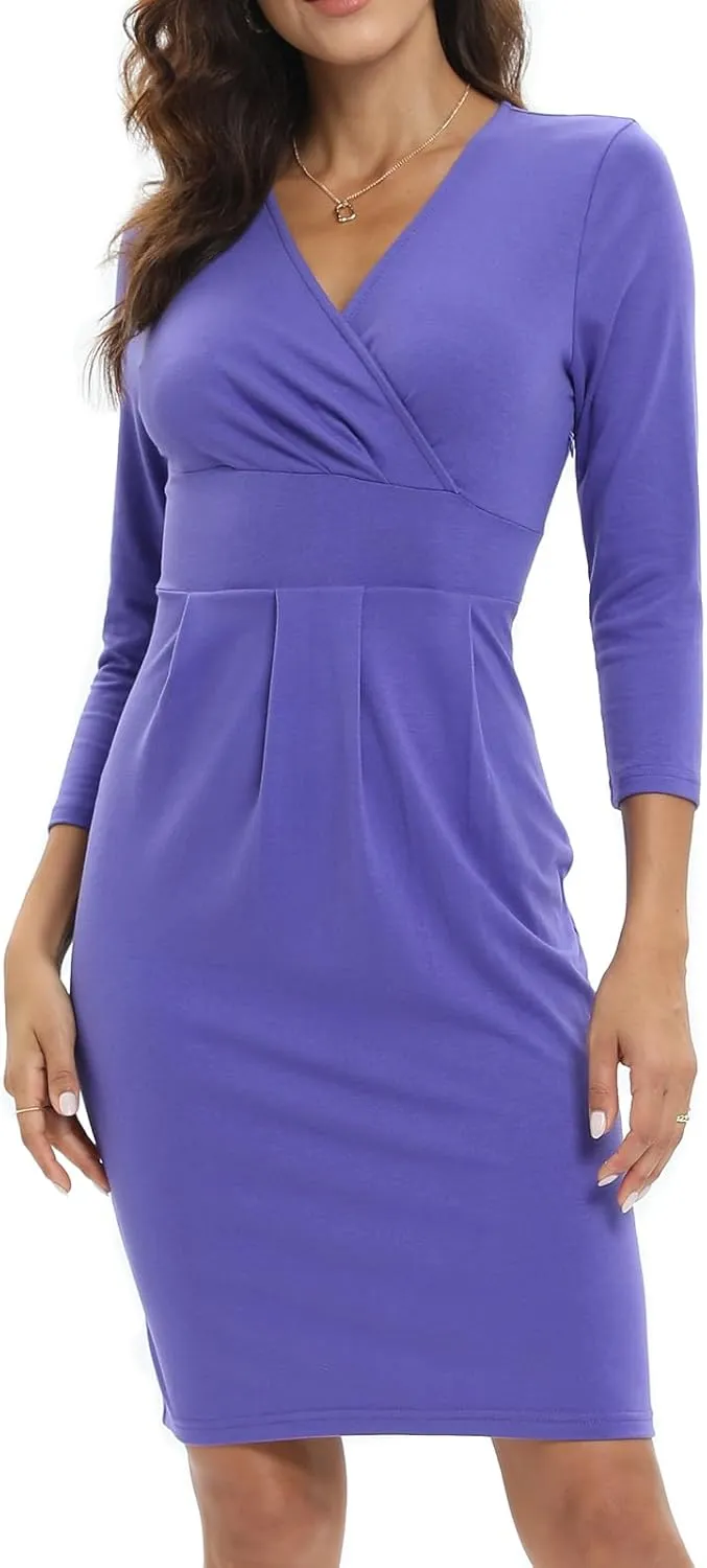 Women's Wrap Dress V Neck 3/4 Sleeve Bodycon Dress Work Wedding Guest Cocktail Dresses Summer 2025
