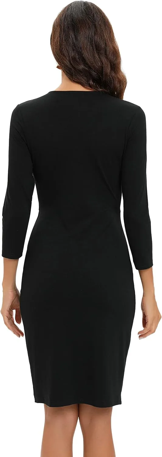 Women's Wrap Dress V Neck 3/4 Sleeve Bodycon Dress Work Wedding Guest Cocktail Dresses Summer 2025