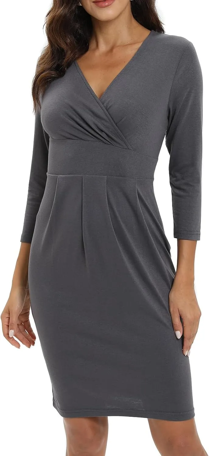 Women's Wrap Dress V Neck 3/4 Sleeve Bodycon Dress Work Wedding Guest Cocktail Dresses Summer 2025