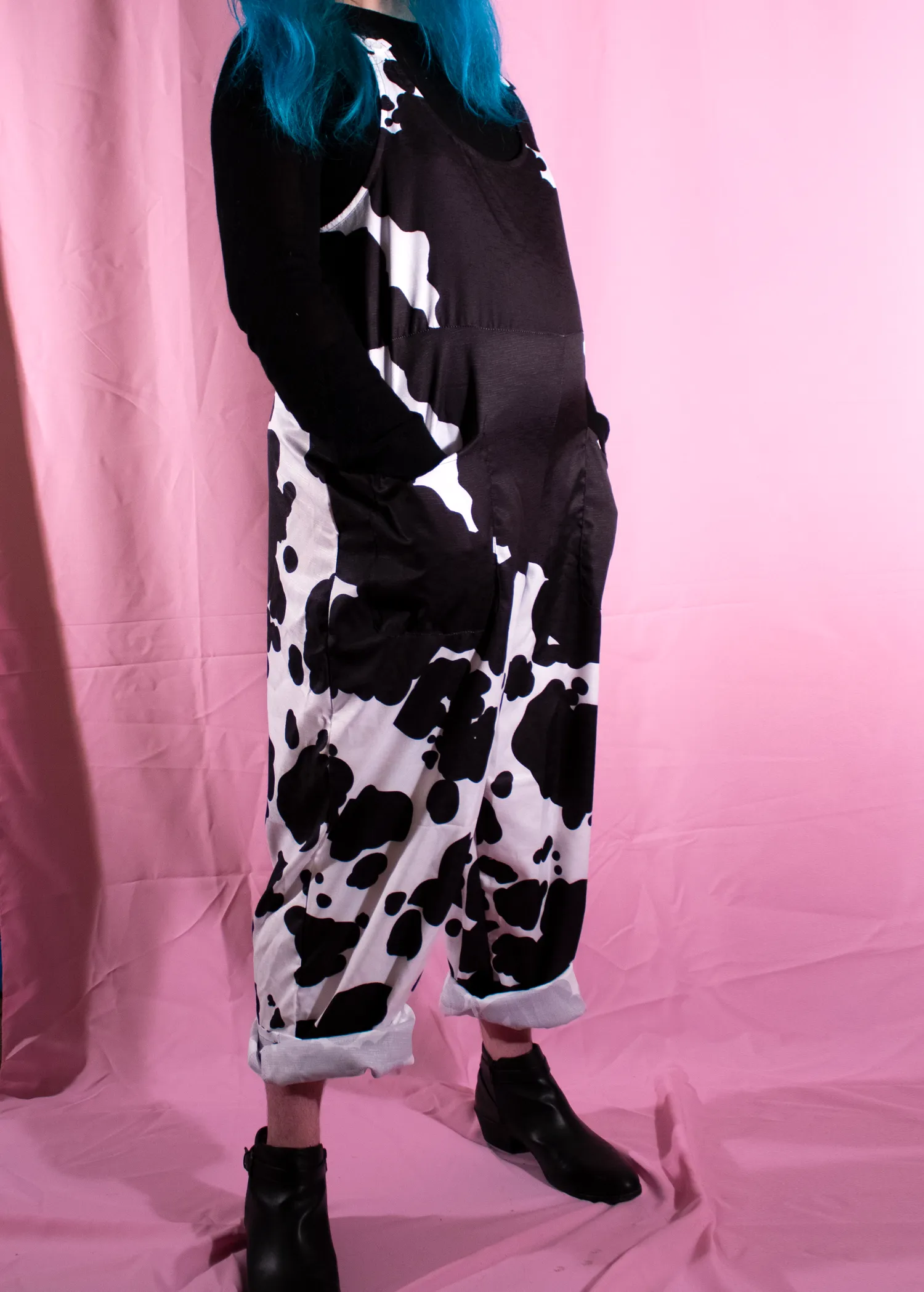 XL Cow Print Dungarees in Pink