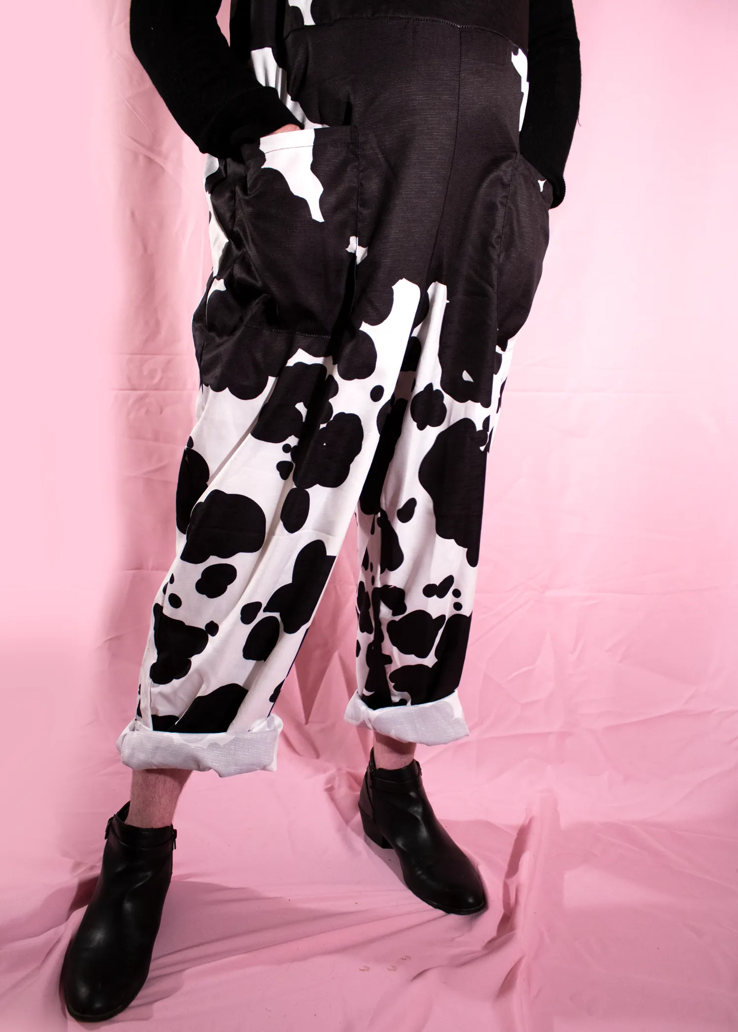 XL Cow Print Dungarees in Pink