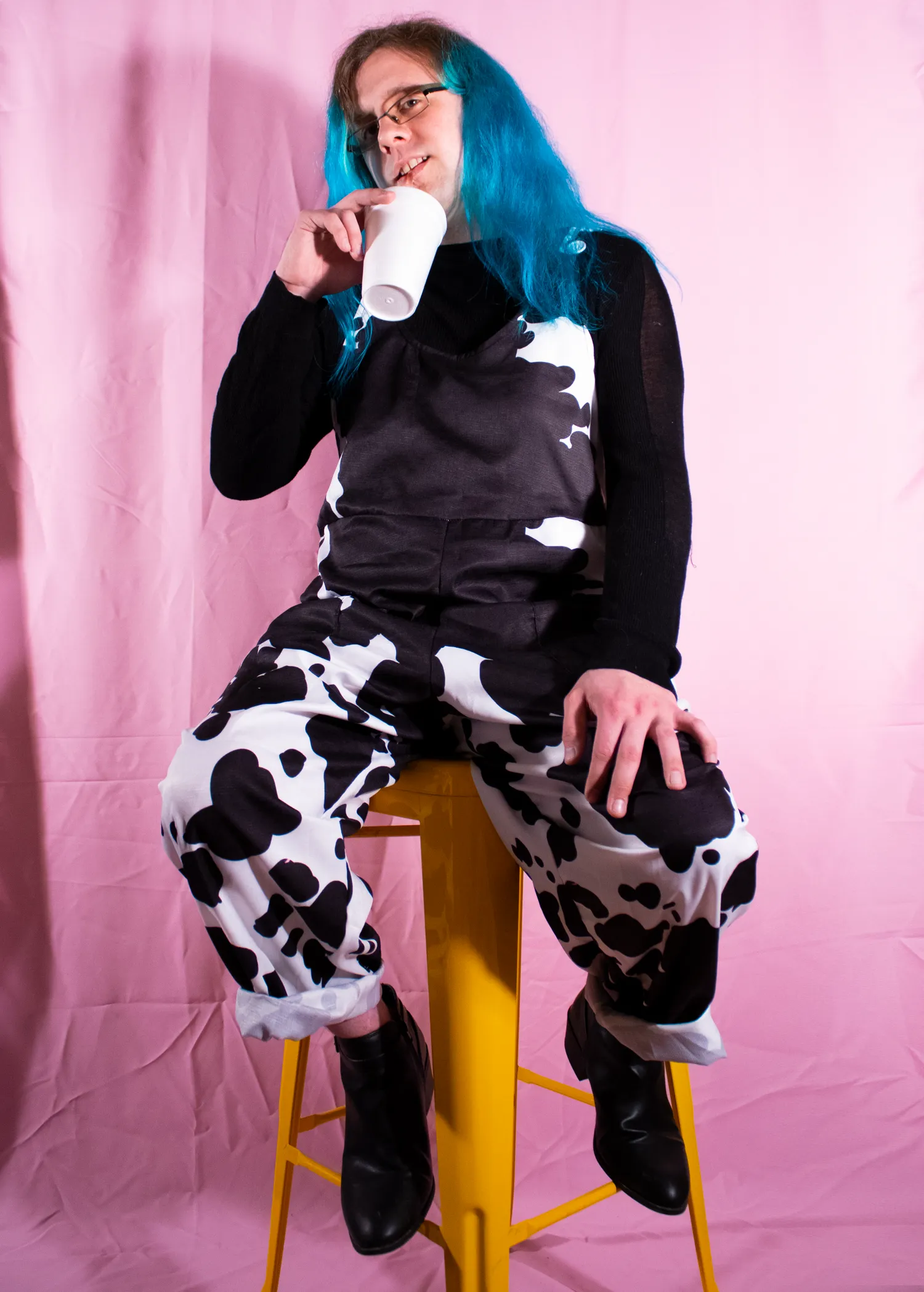 XL Cow Print Dungarees in Pink