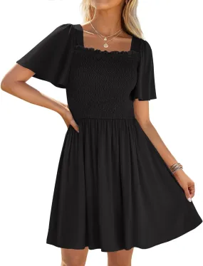 ZESICA Women's 2025 Summer Casual Mini Dress Flutter Short Sleeve Square Neck Smocked Tiered Ruffle Flowy Dresses
